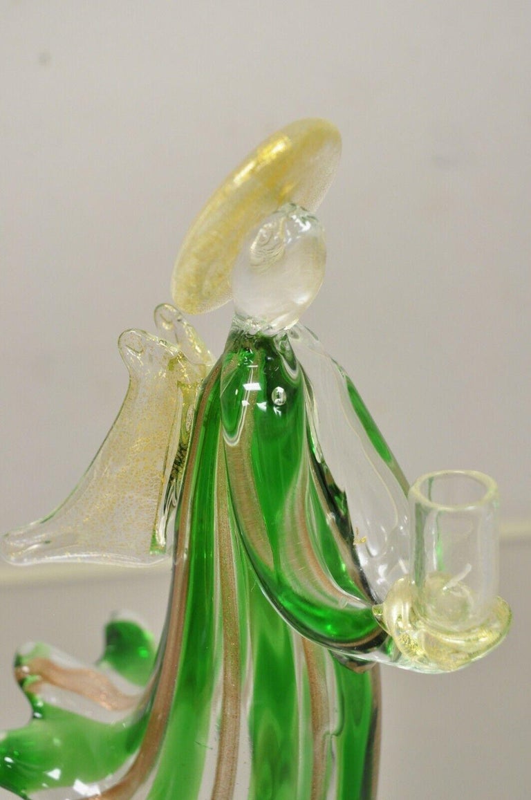 Vintage Italian Murano Green Blown Art Glass Gold Flecks Angel Candle
