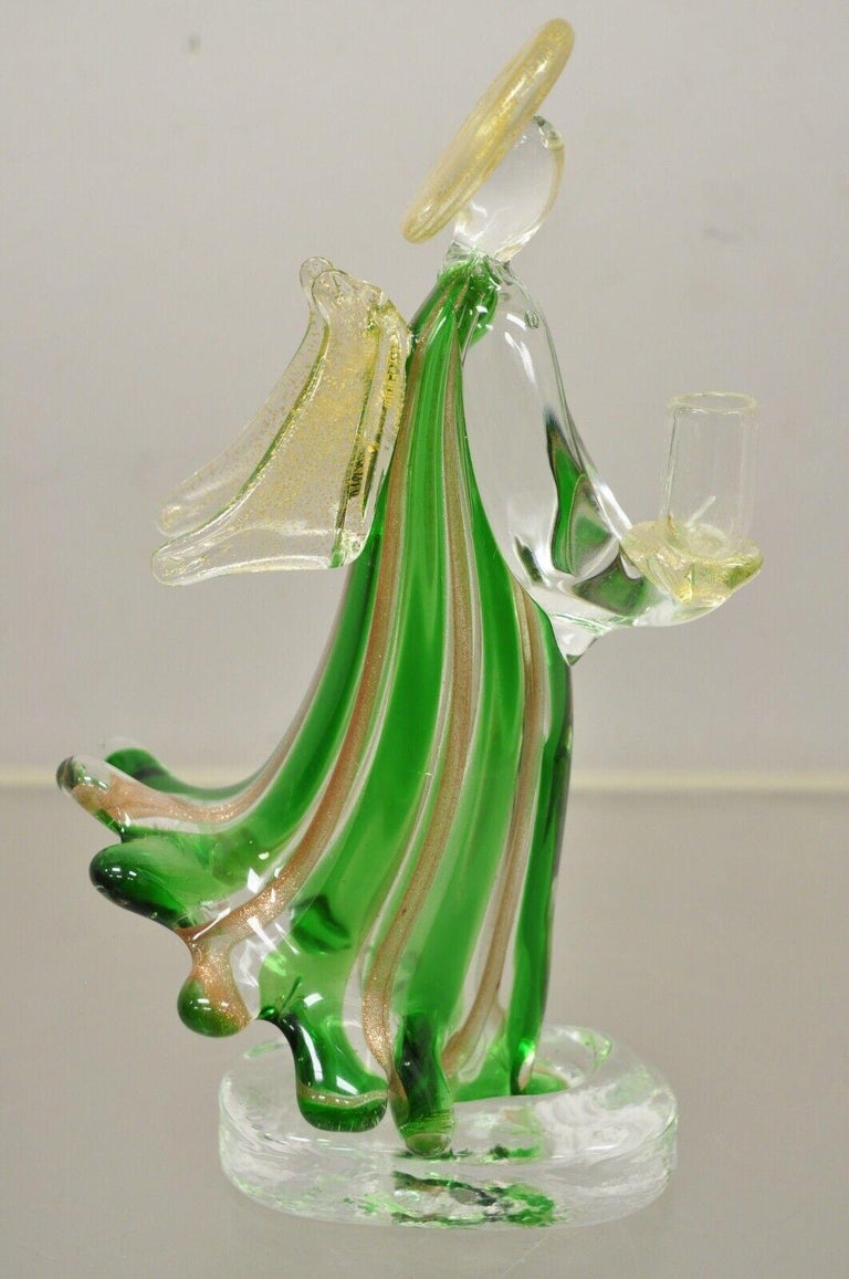Vintage Italian Murano Green Blown Art Glass Gold Flecks Angel Candle