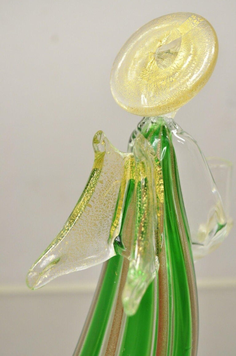 Vintage Italian Murano Green Blown Art Glass Gold Flecks Angel Candle
