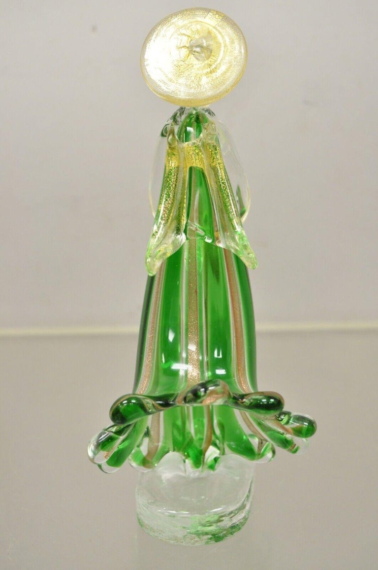 Vintage Italian Murano Green Blown Art Glass Gold Flecks Angel Candle