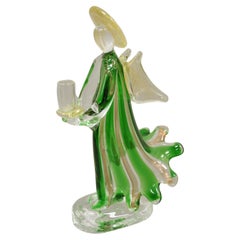 Vieux porte-bougies ange italien en verre d'art soufflé vert de Murano avec mouchetures dorées