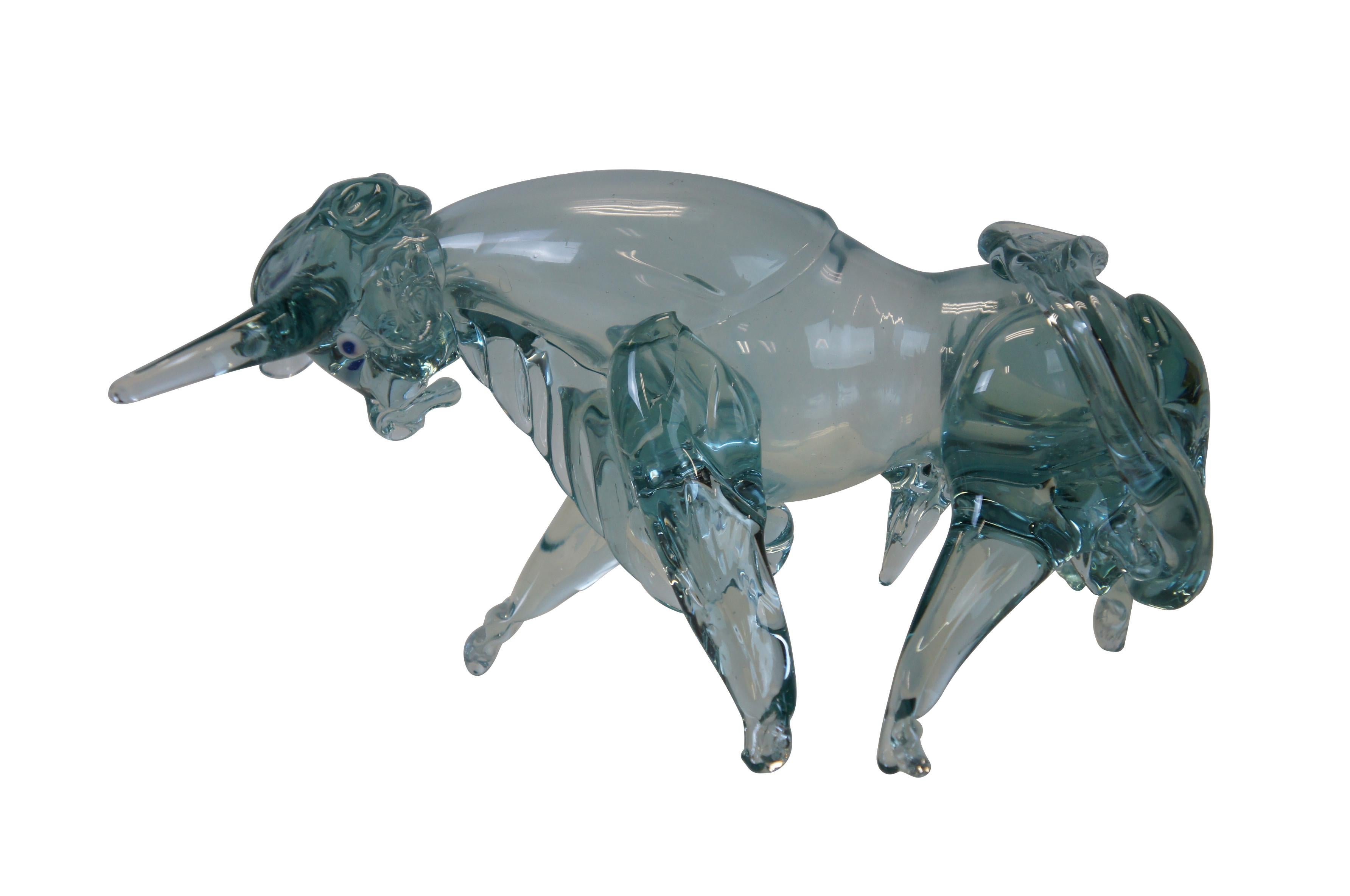 Mid century light blue, hand blown Italian / Murano art glass raging rodeo bull with opaque blue and white eyes.

Dimensions:
10.5