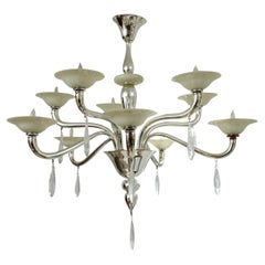 Vintage Italian Murano Incamiciato Blown Two Tiered Ten Arm Chandelier in Silver