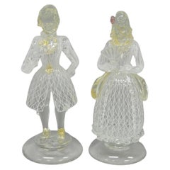 Vintage Italian Murano Latticino & Gold Leaf Art Glass Male & Female Figure Pair