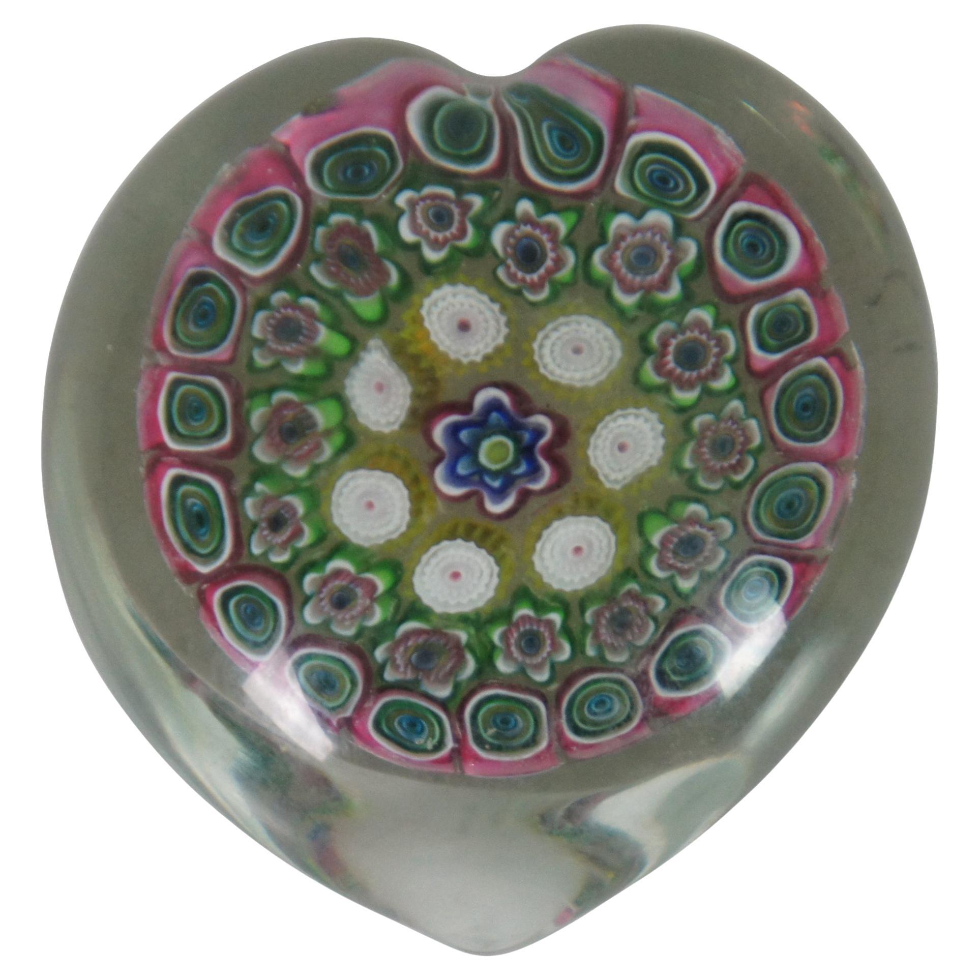 Vintage Italian Murano Millefiori Cane Glass Floral Heart Paperweight