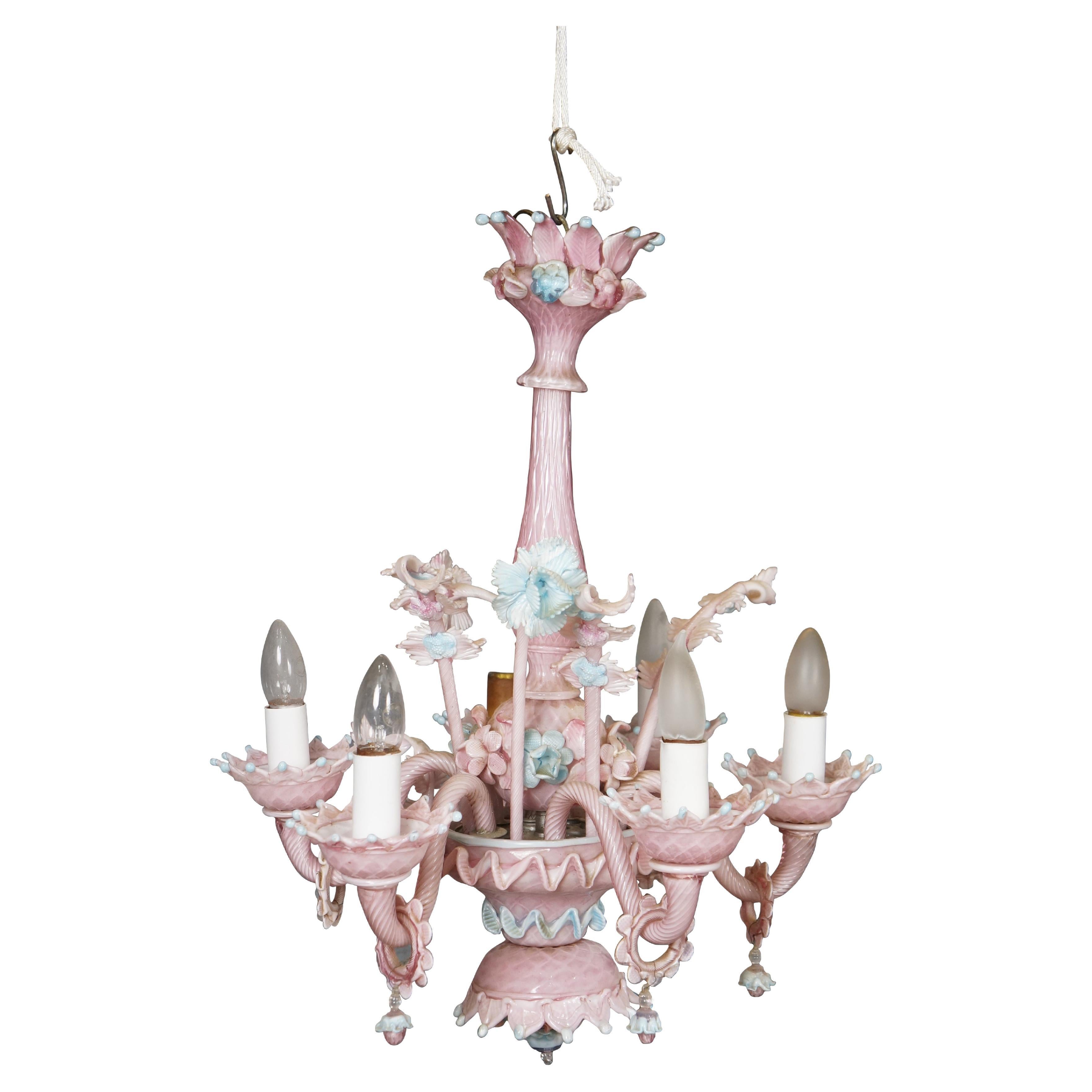 Vintage Italian Murano Pink Venetian Floral Glass Chandelier Pendant Light 23"