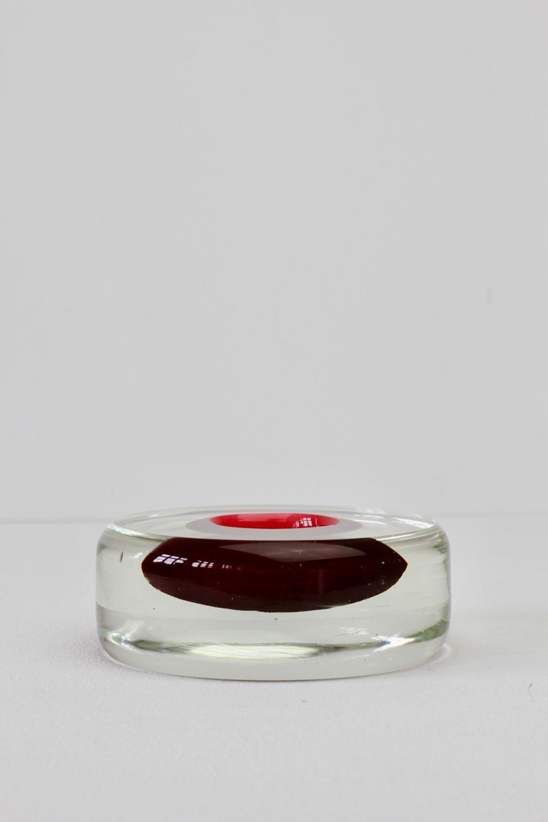 Mid-Century Modern Vintage Italian Murano Red and Clear Sommerso Glass Bowl, Dish or Ashtray For Sale