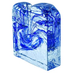 Vintage Italian Murano Jarrón Escultórico Pequeño de Cristal Esmerilado Azul y Transparente