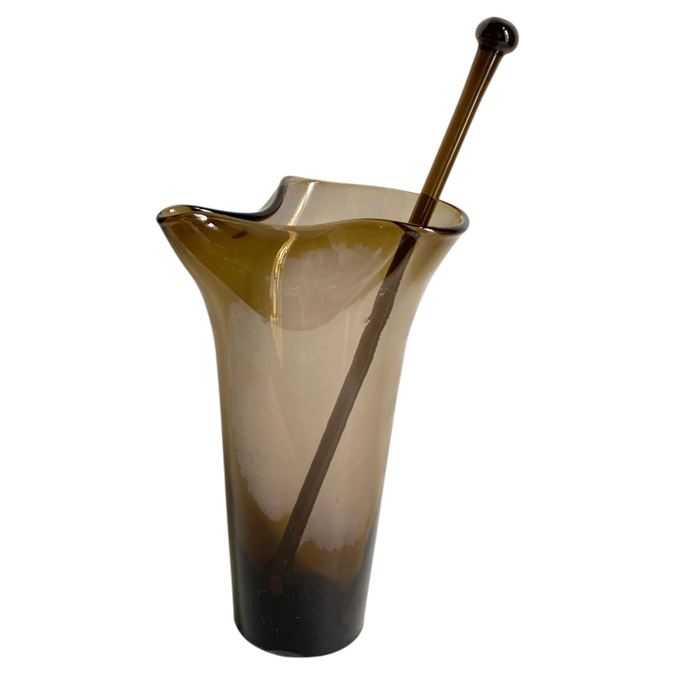 Vintage Italian Murano Smoked Glass Cocktail Pitcher with Original Glass Stirrer