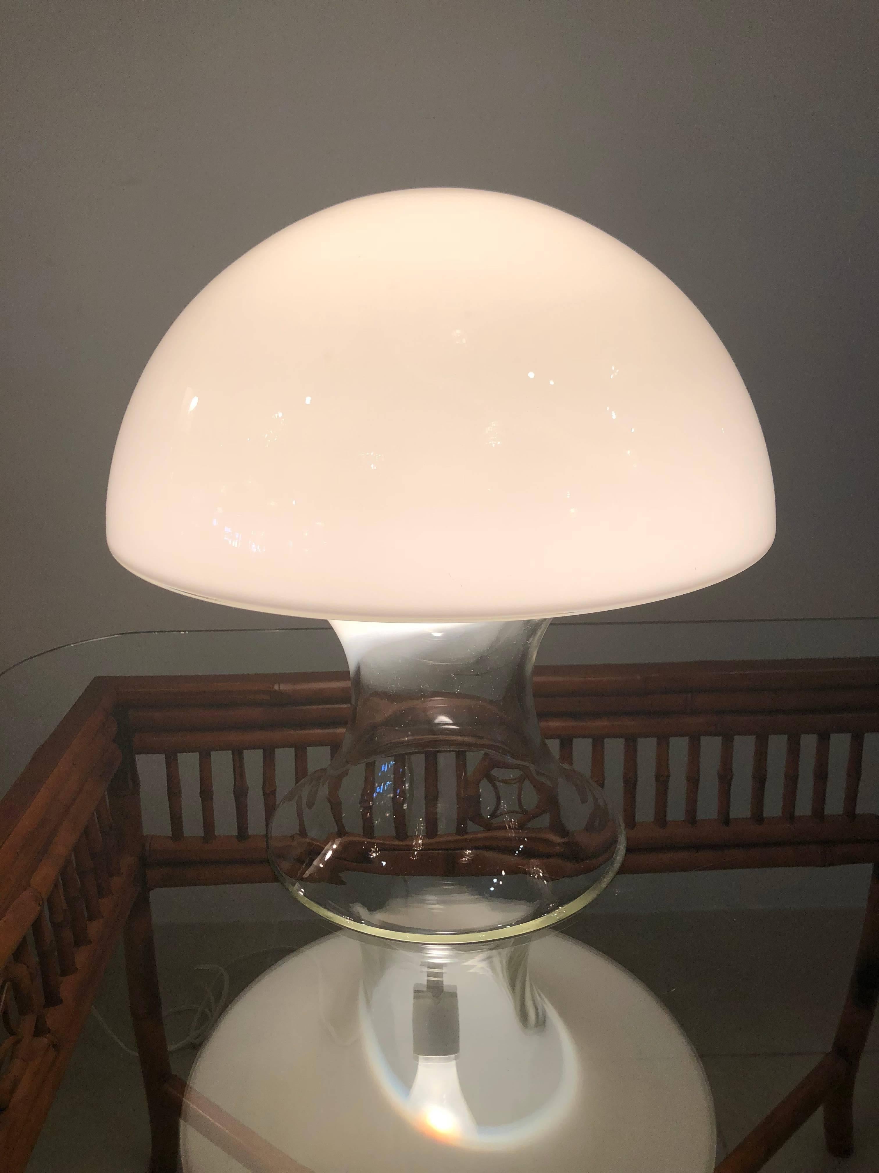 Vintage Murano Italian Vistosi mushroom glass table lamp. The bottom edge rim has a small knick which is pictured.
 