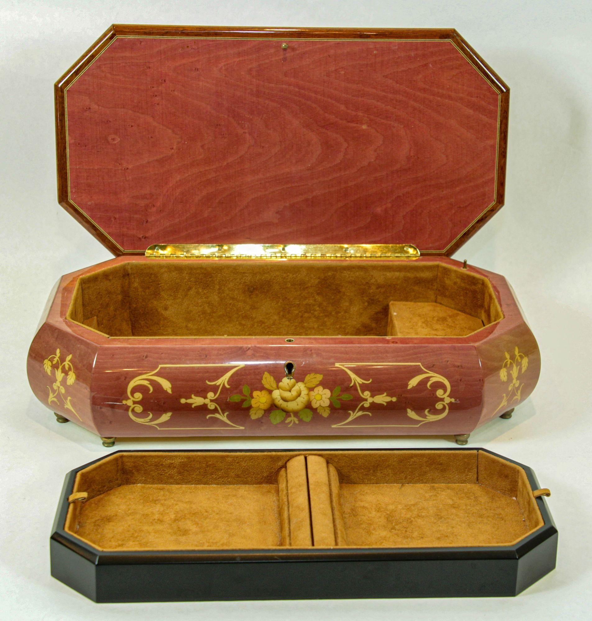 Art Nouveau Vintage Italian Music Box Footed Wooden Inlaid Jewelry Box Made in Italy For Sale