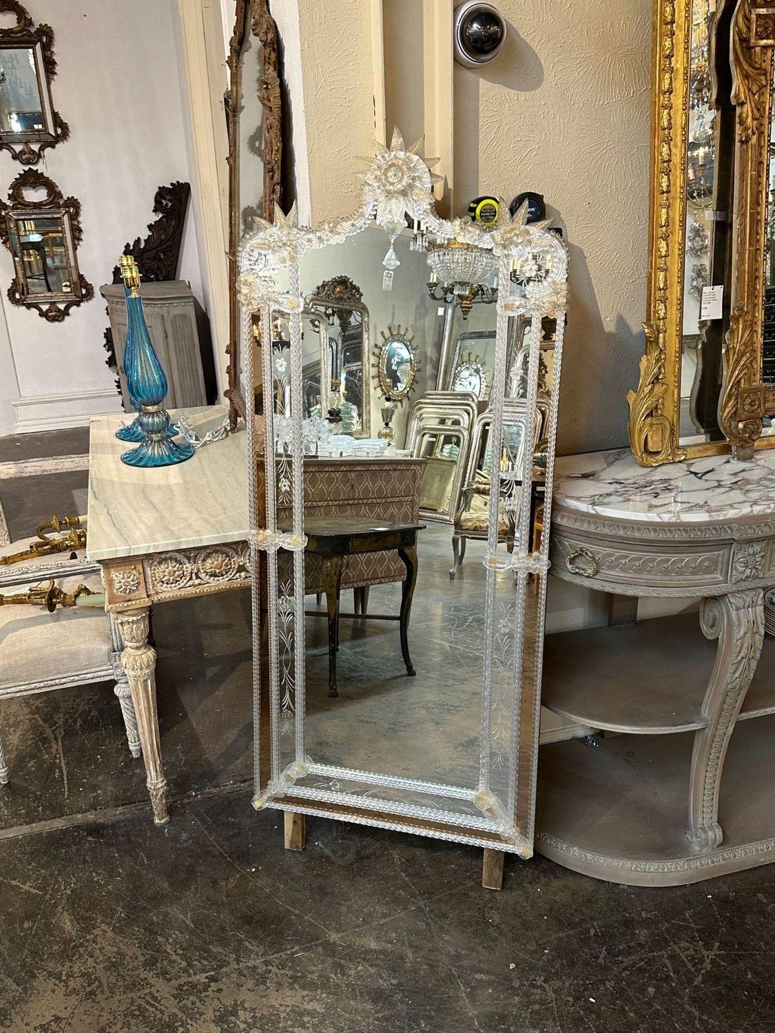 Very fine vintage Italian narrow Venetian Etched mirror. Featuring beautiful floral etched images and glass flowers and leaves. Lovely!