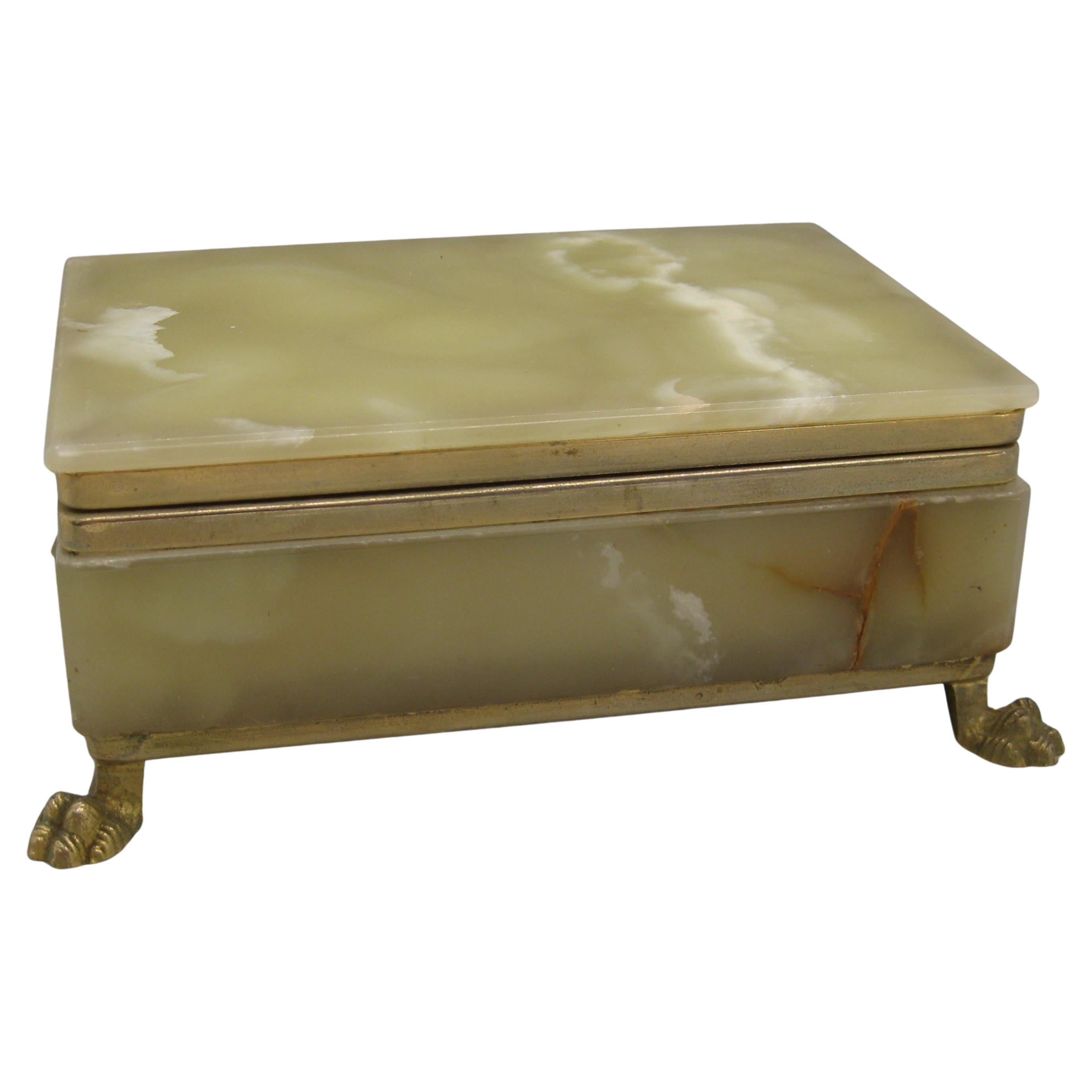 Vintage Italian Natural Green Onyx Stone & Brass Desk Stash Jewelry Trinket Box