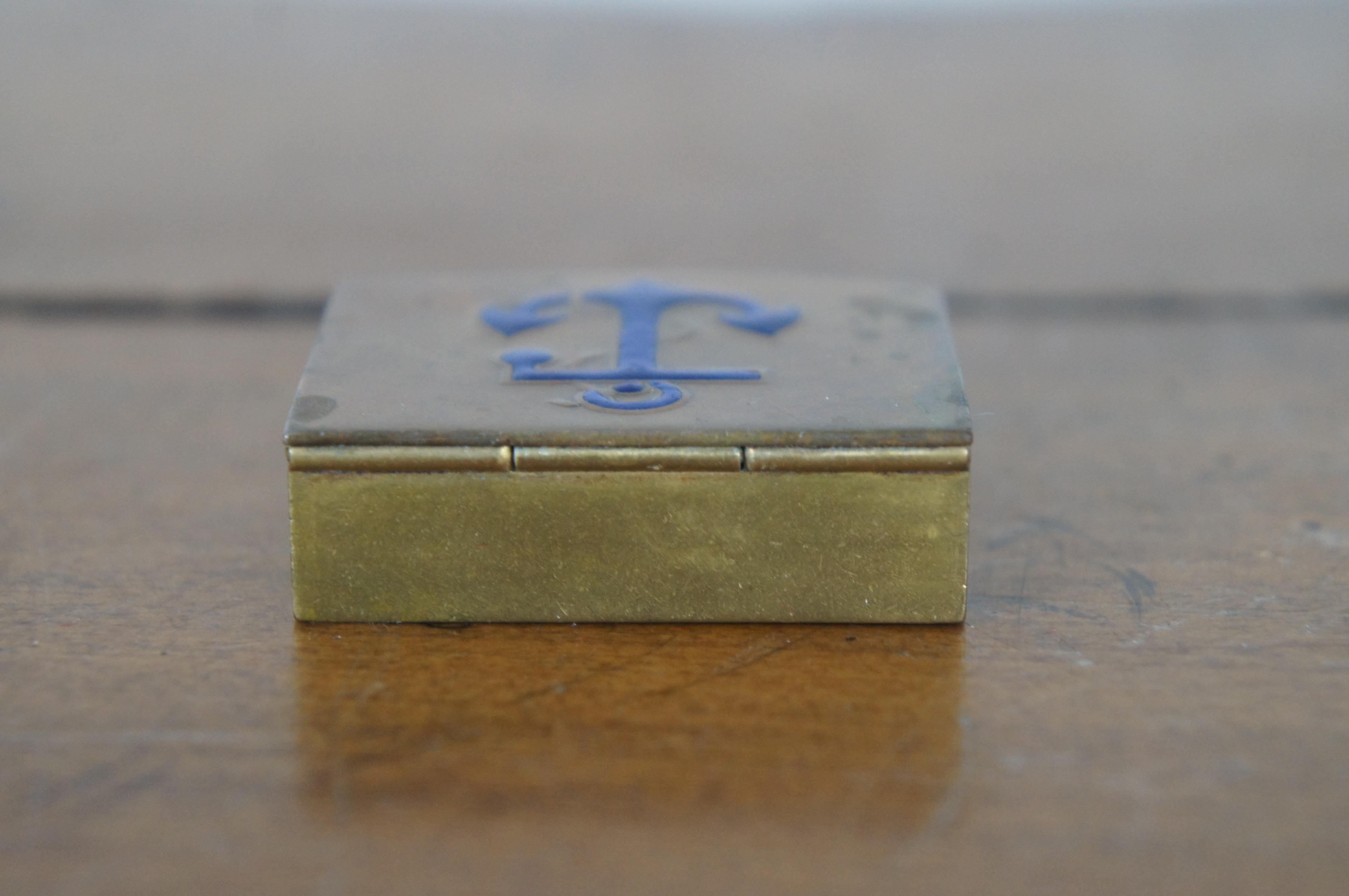 Vintage Italian Nautical Brass Blue Enamel Anchor Pill Keepsake Box 2