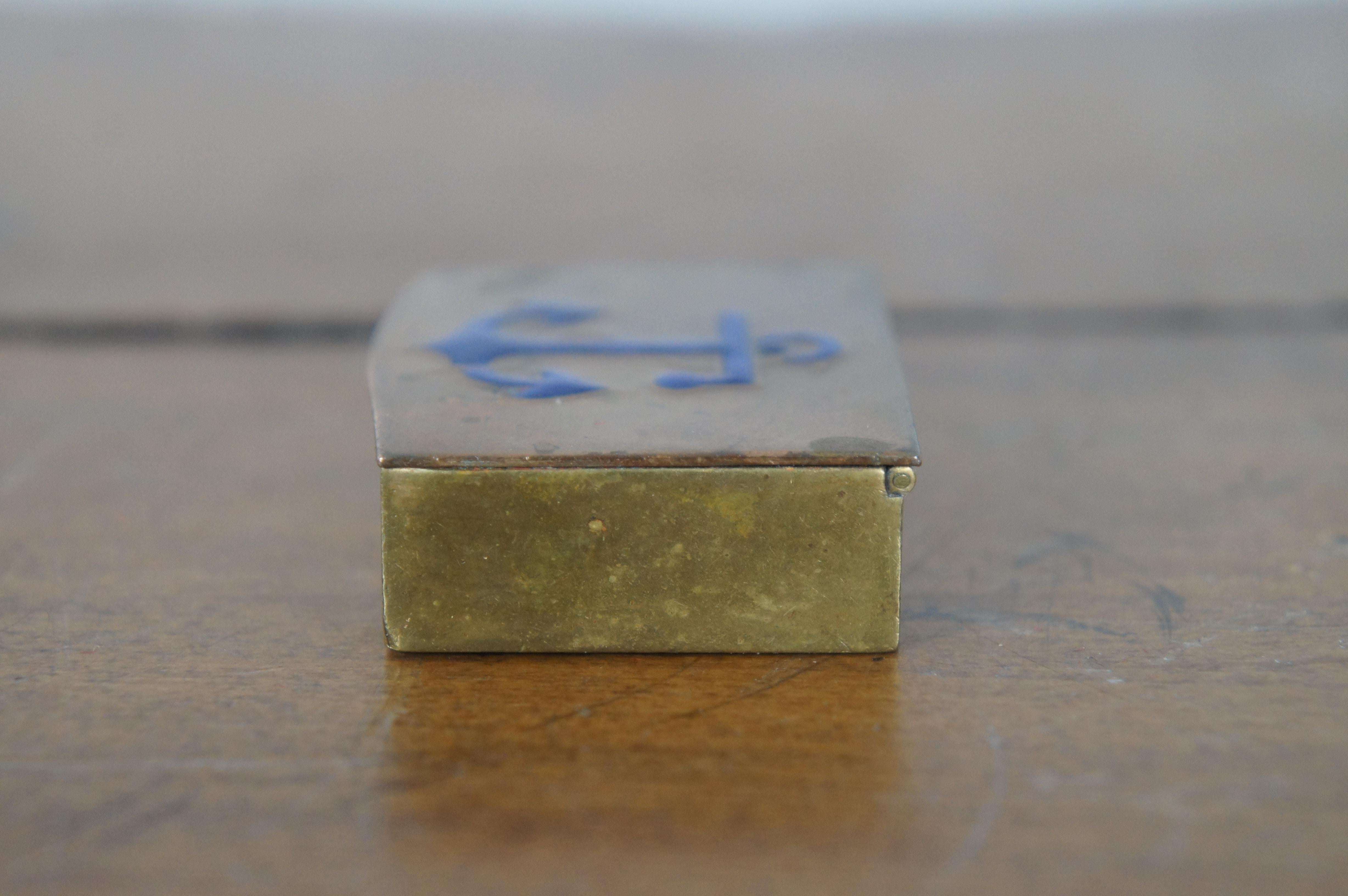 Vintage Italian Nautical Brass Blue Enamel Anchor Pill Keepsake Box 3