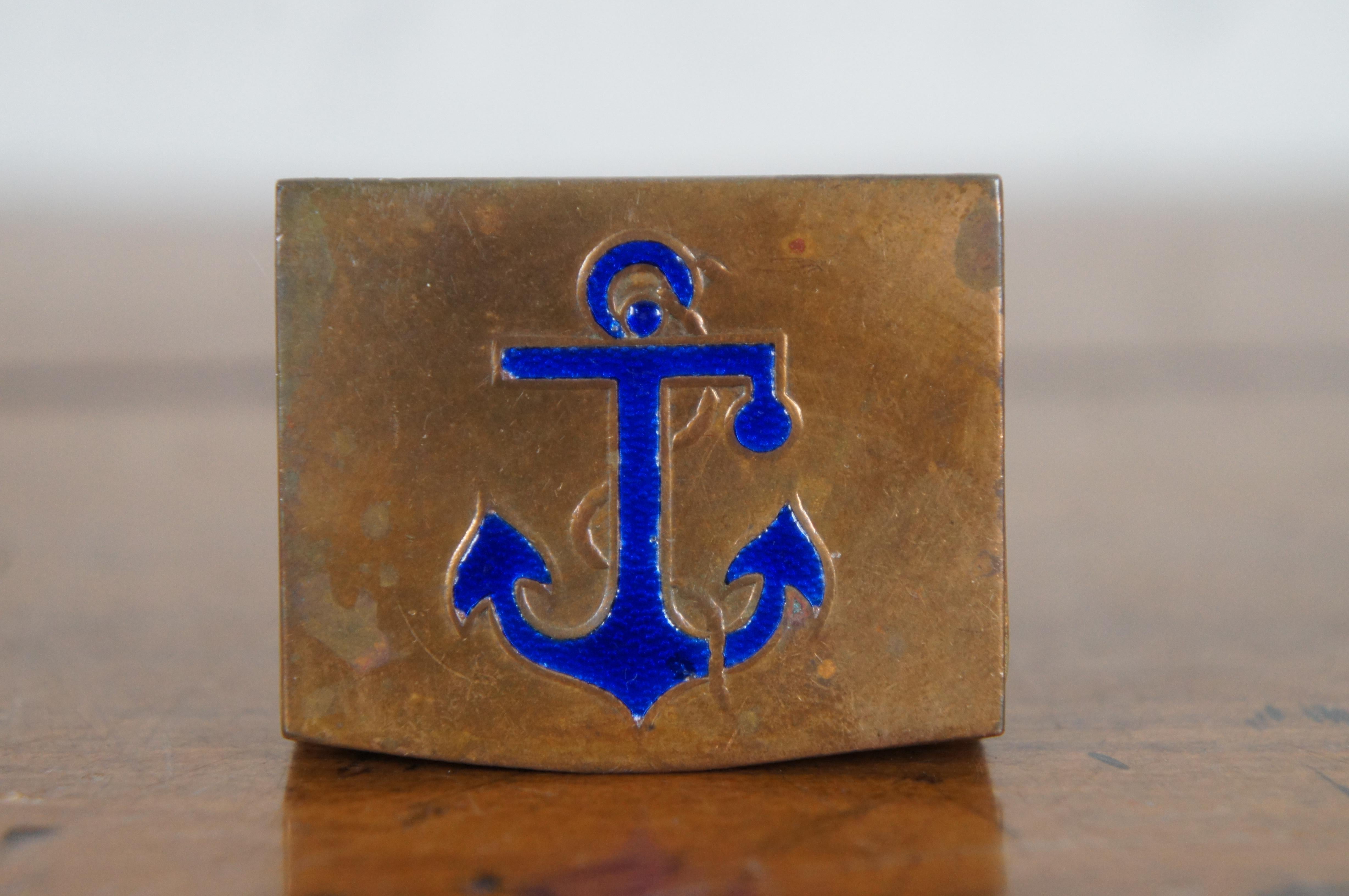 Vintage Italian Nautical Brass Blue Enamel Anchor Pill Keepsake Box 5