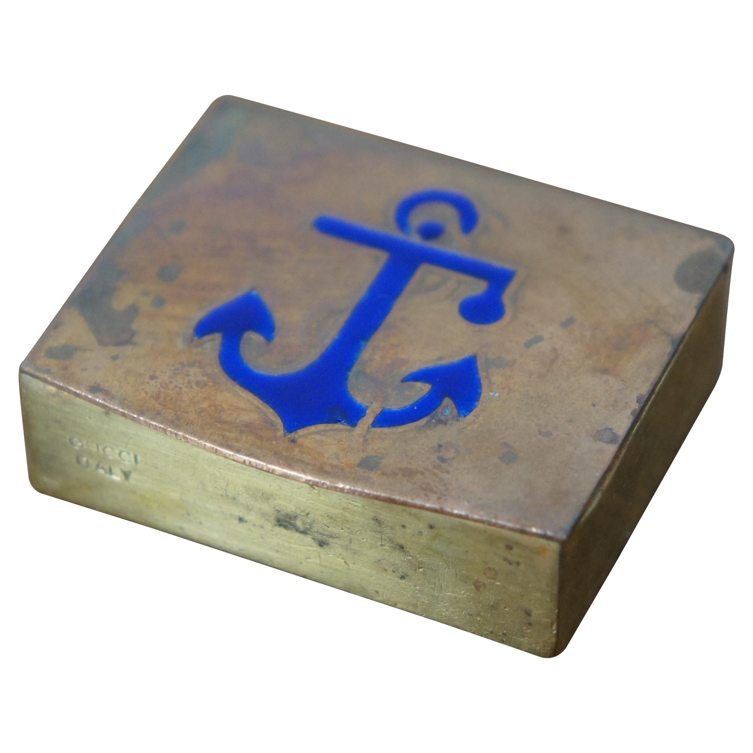 Vintage Italian Nautical Brass Blue Enamel Anchor Pill Keepsake Box