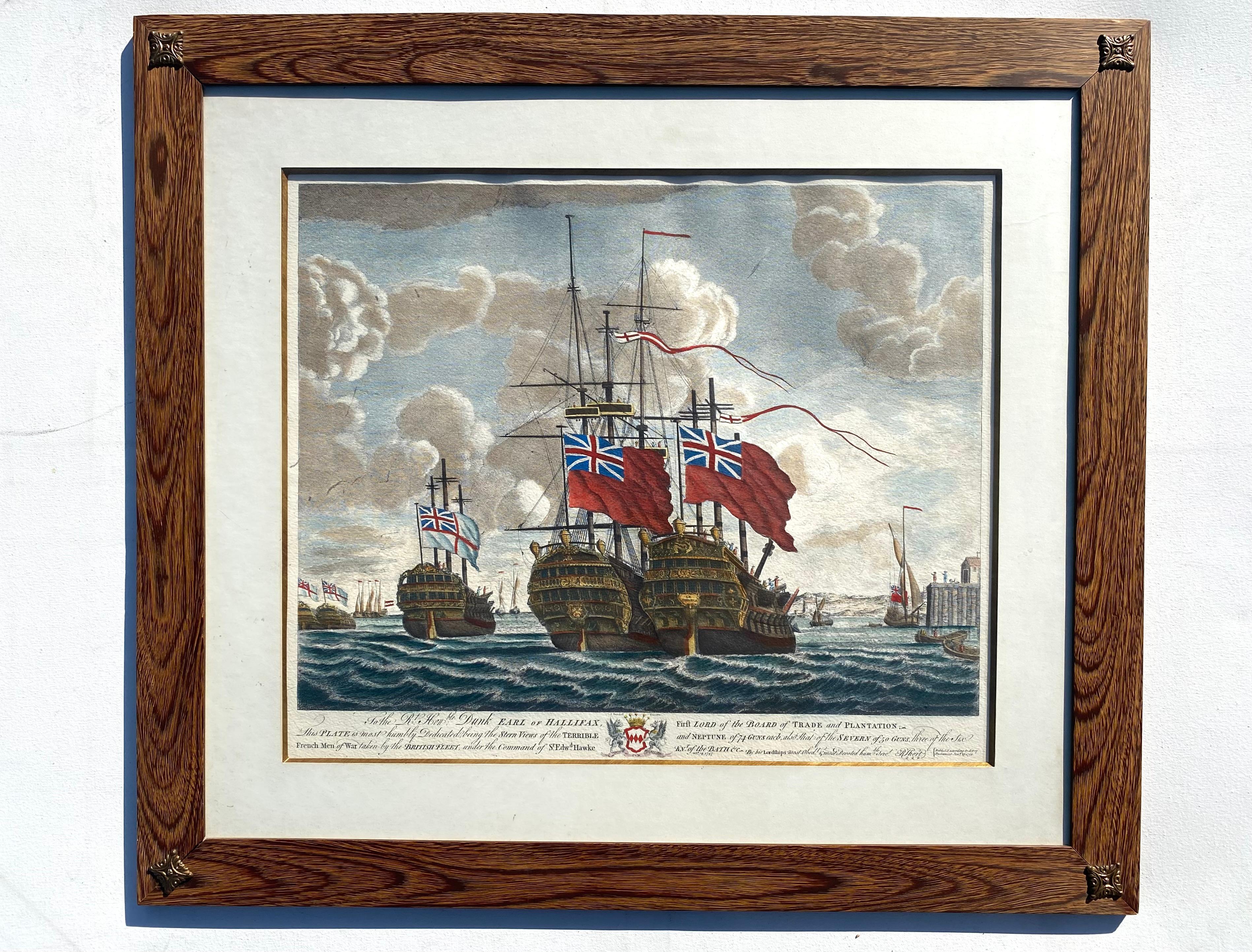 Estampa Náutica Italiana Vintage de Barcos Británicos Enmarcada en Madera de Freijo en Bueno estado para la venta en Miami, FL