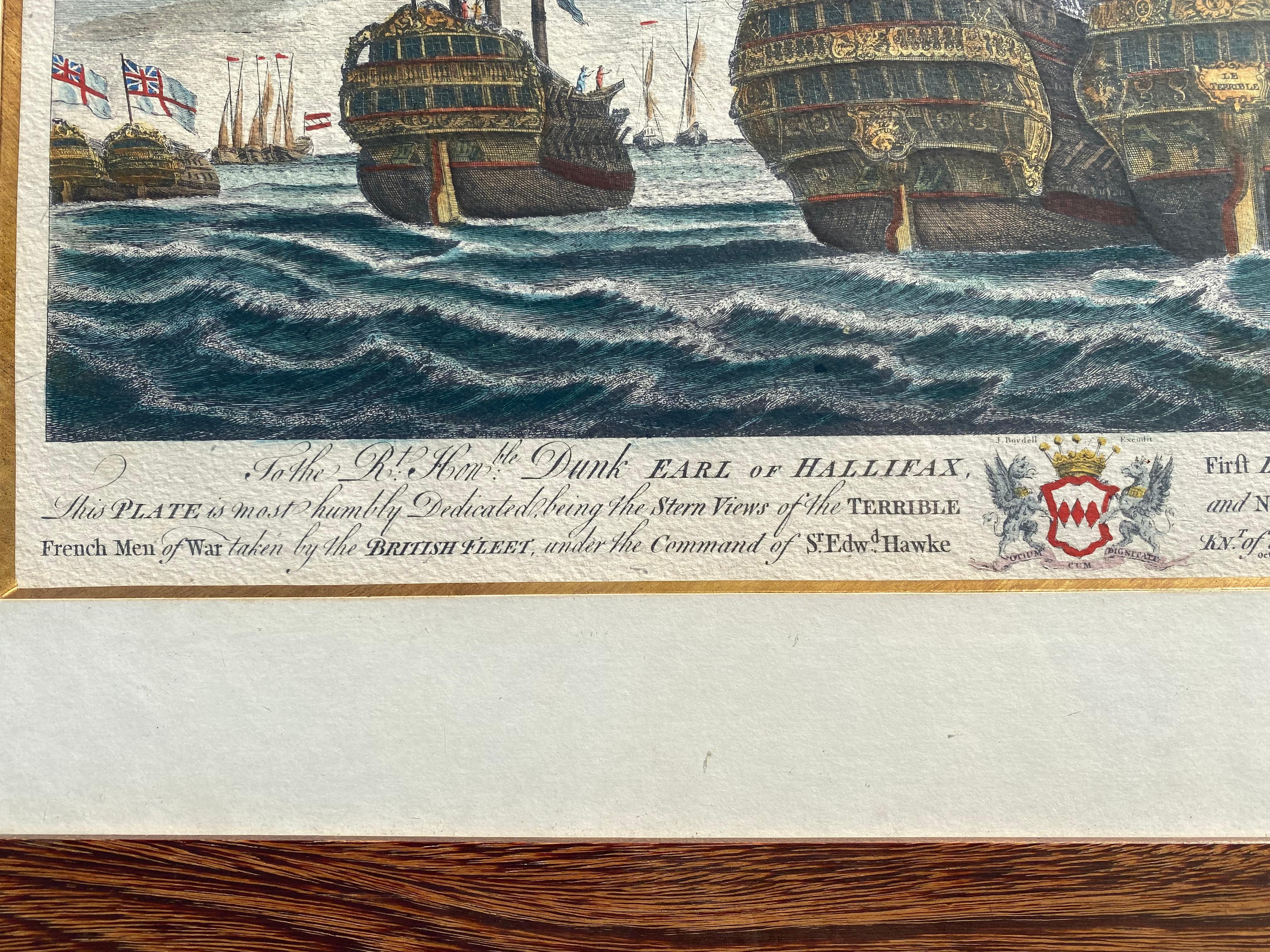 Estampa Náutica Italiana Vintage de Barcos Británicos Enmarcada en Madera de Freijo siglo XX en venta
