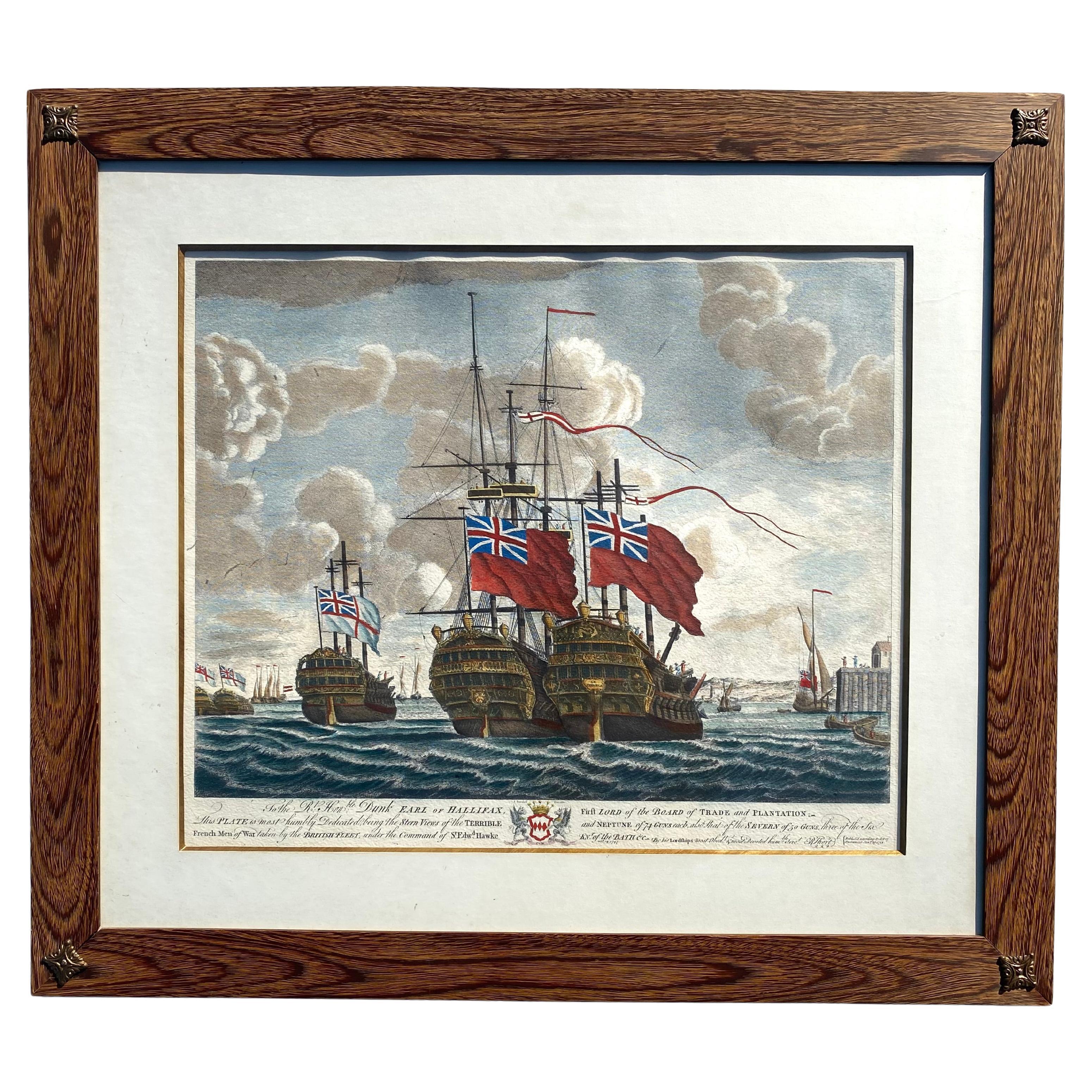 Estampa Náutica Italiana Vintage de Barcos Británicos Enmarcada en Madera de Freijo