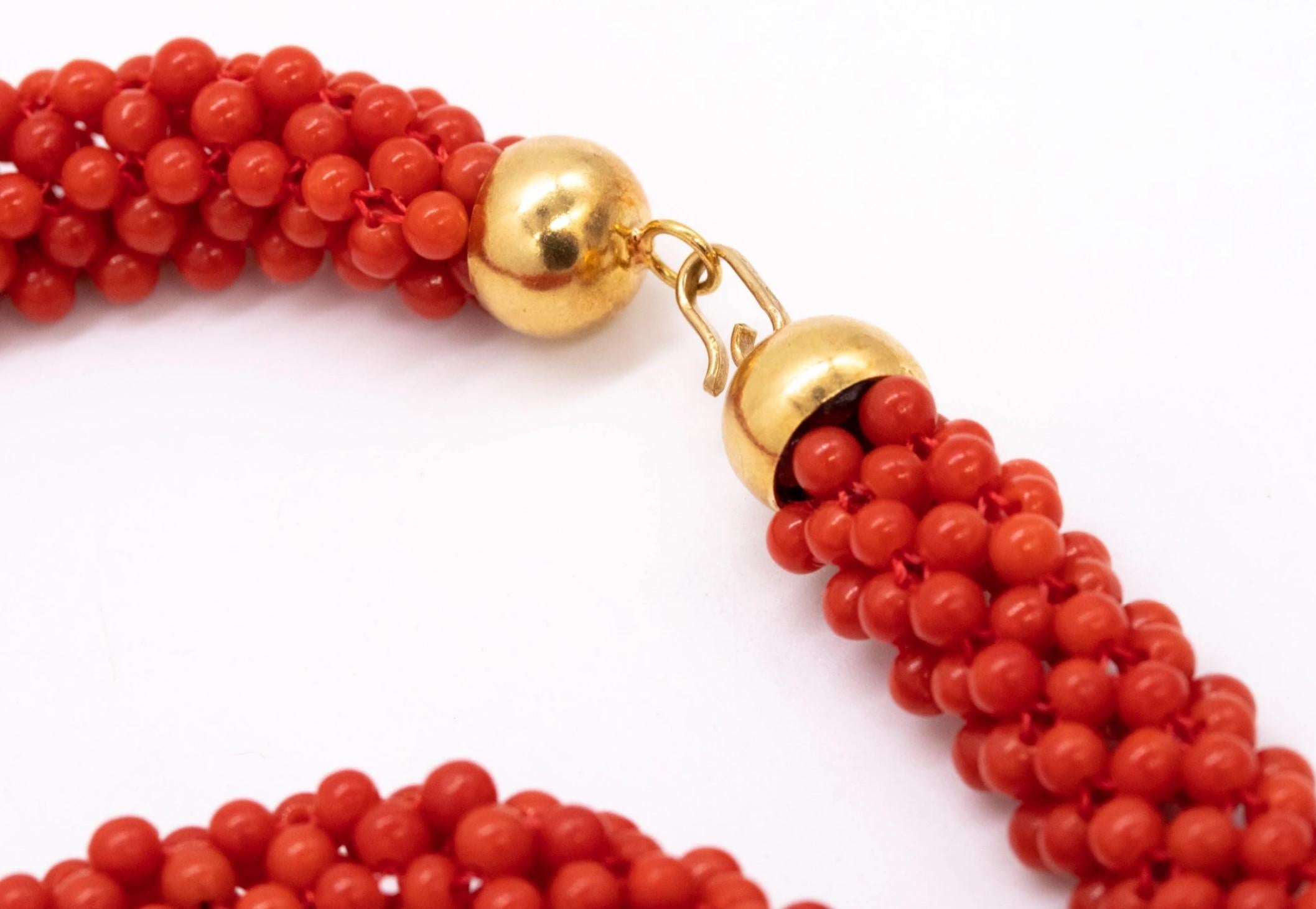 Bead Vintage Italian Necklace Sautoir in 18Kt Yellow Gold with Sardinian Red Coral