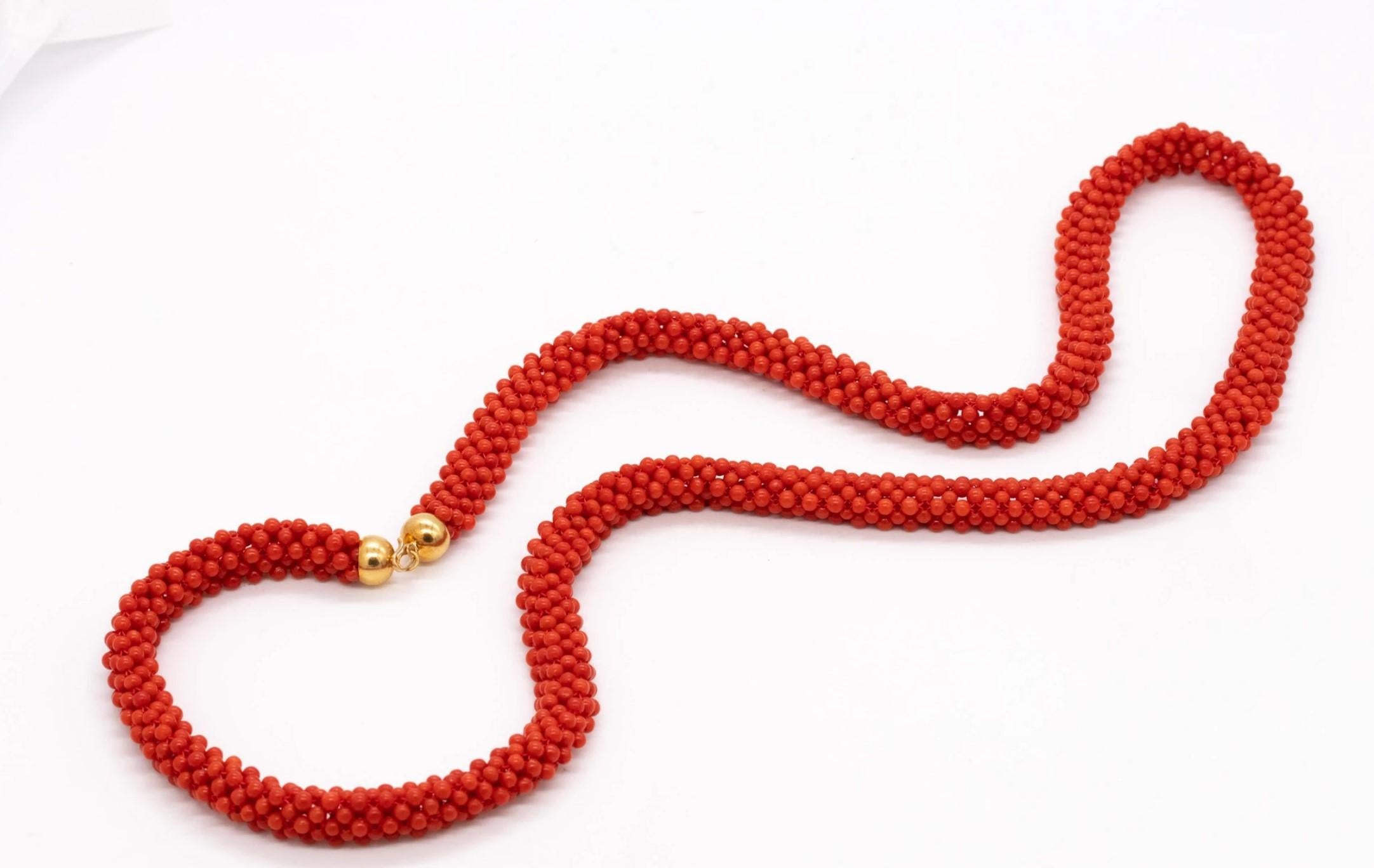 Vintage Italian Necklace Sautoir in 18Kt Yellow Gold with Sardinian Red Coral In Excellent Condition In Miami, FL