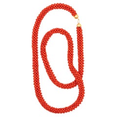 Vintage Italian Necklace Sautoir in 18Kt Yellow Gold with Sardinian Red Coral