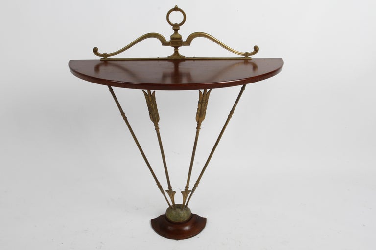 Neoclassical Revival Vintage Italian Neo-Classical Demi-Lune Bronze Arrows & Mahogany Console Table For Sale