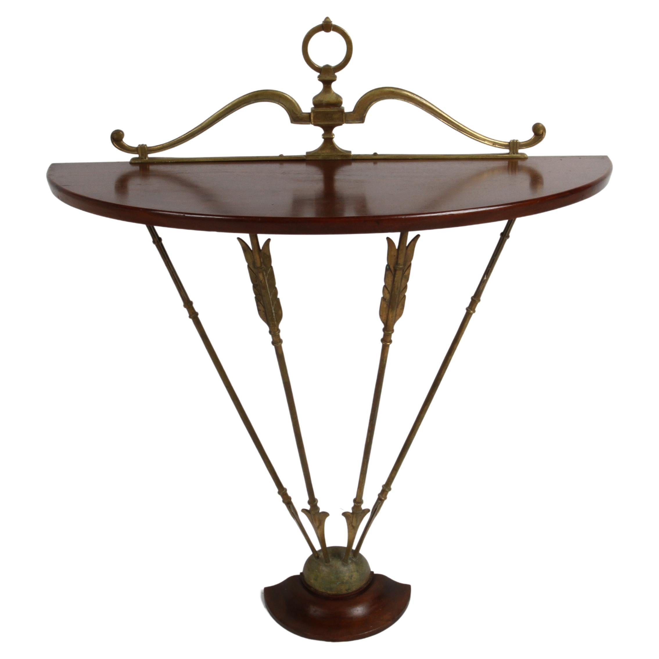 Mesa Consola Vintage Italiana Neo-Clásica Demi-Lune Flechas de Bronce y Caoba