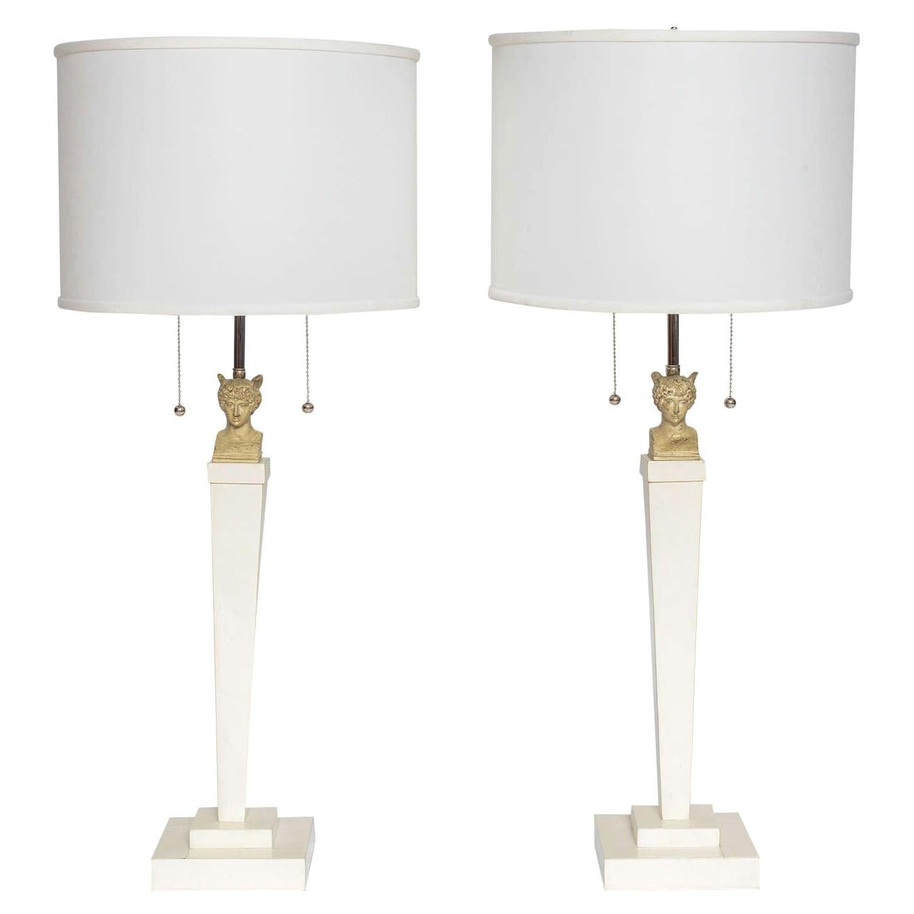 Vintage Italian Neoclassic Style Parchment Column Table Lamps, Pair For Sale