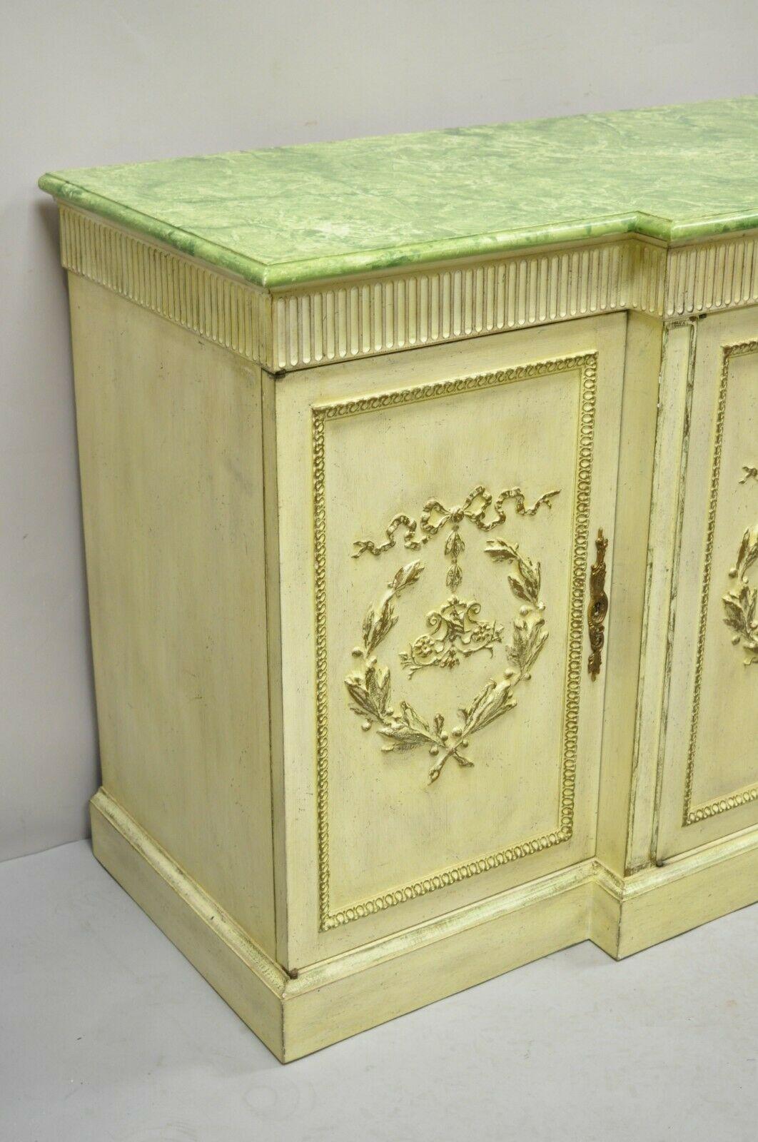 Vintage Italian Neoclassical Buffet Sideboard Credenza Green Faux Marble Top In Good Condition For Sale In Philadelphia, PA