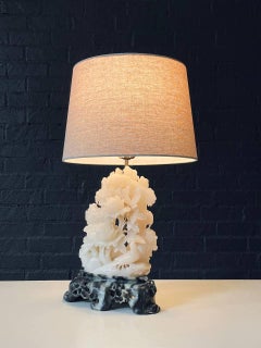 Vintage Italian Neoclassical Carved Alabaster Table Lamp w/ Floral & Bird Motif