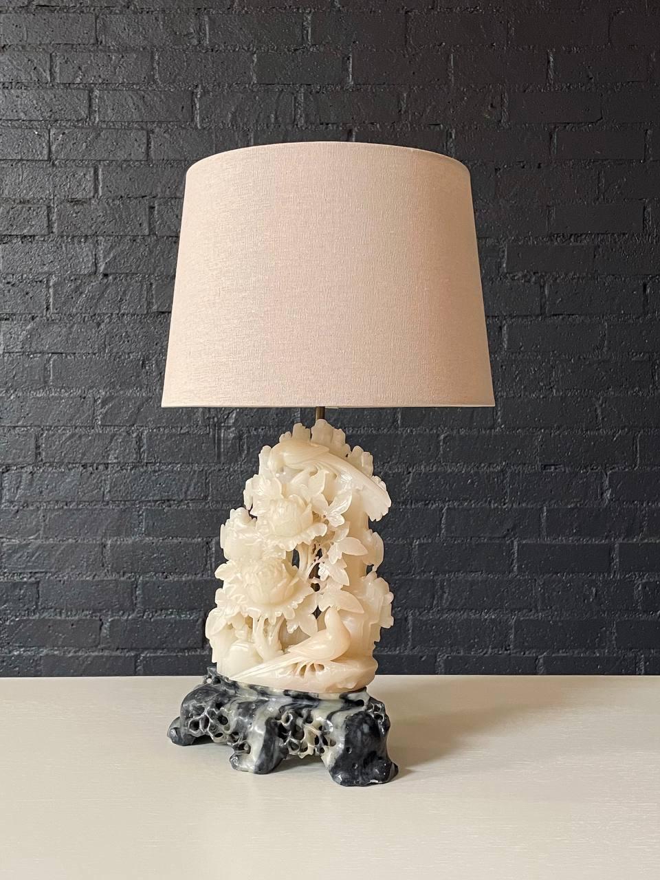 Mid-20th Century Vintage Italian Neoclassical Carved Alabaster Table Lamp w/ Floral & Bird Motif For Sale