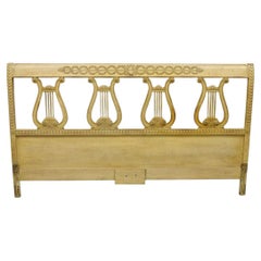 Vintage Italian Neoclassical Carved Lyre Harp Wooden King Size Bed Headboard