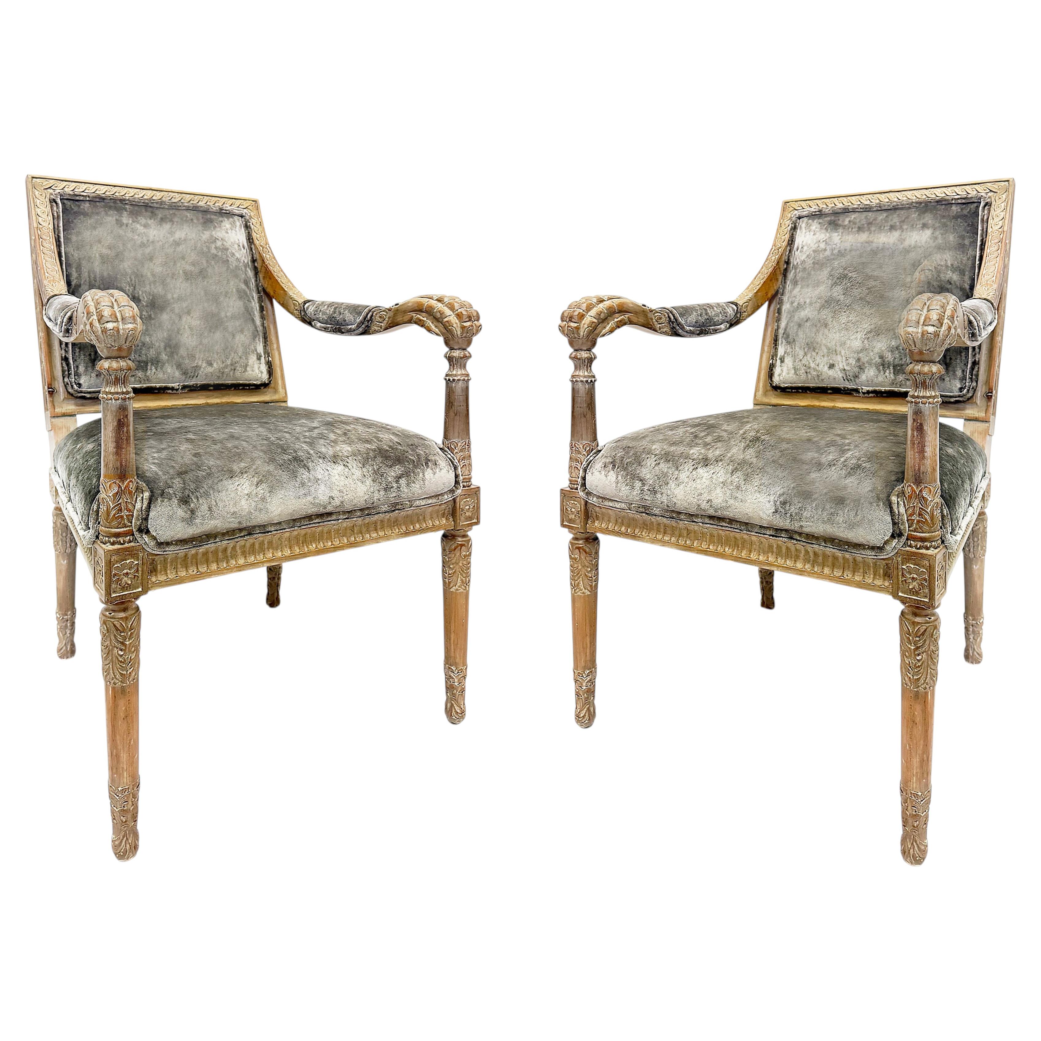 Vintage Italian Neoclassical Carved Wood Armchairs, Newly Upholstered, Pair For Sale