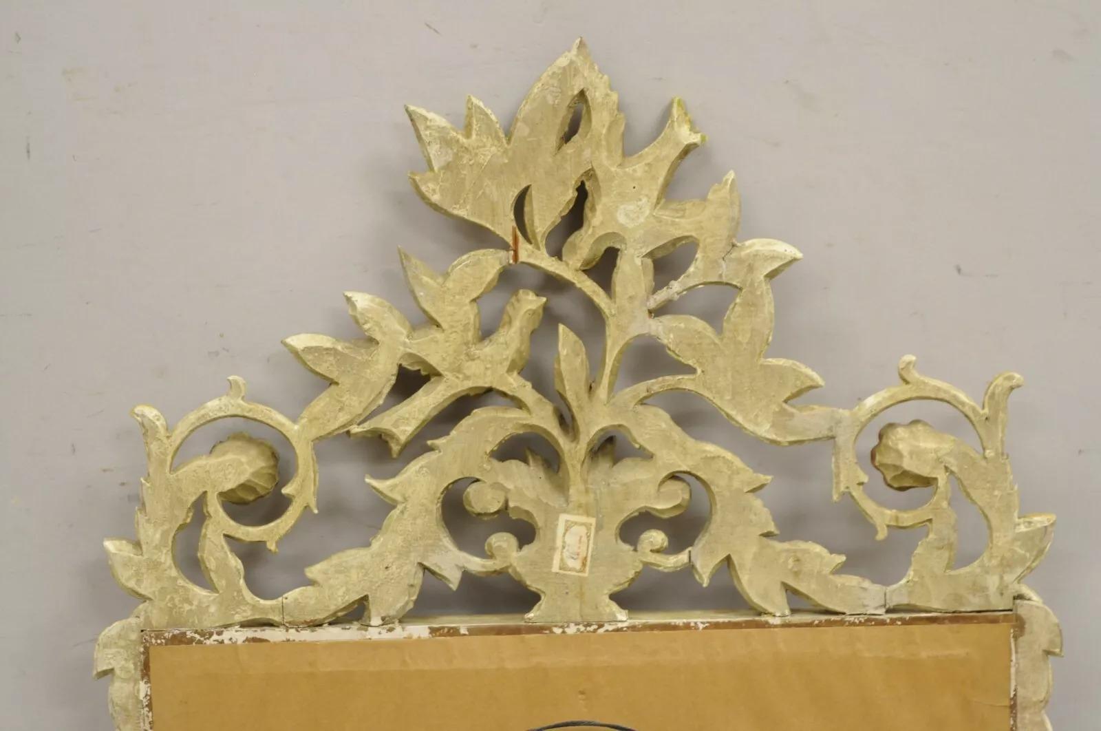 Vintage Italian Neoclassical Carved Wood Painted Birds & Flowers Wall Mirror For Sale 5