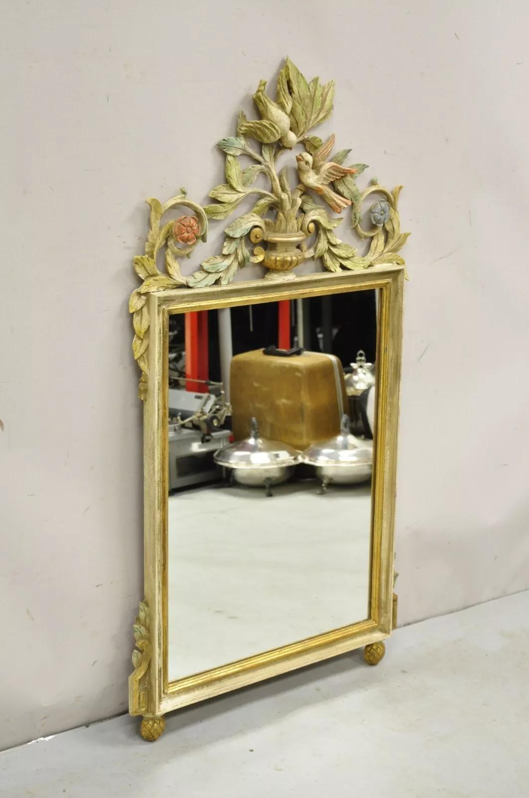 Vintage Italian Neoclassical Carved Wood Painted Birds & Flowers Wall Mirror For Sale 6