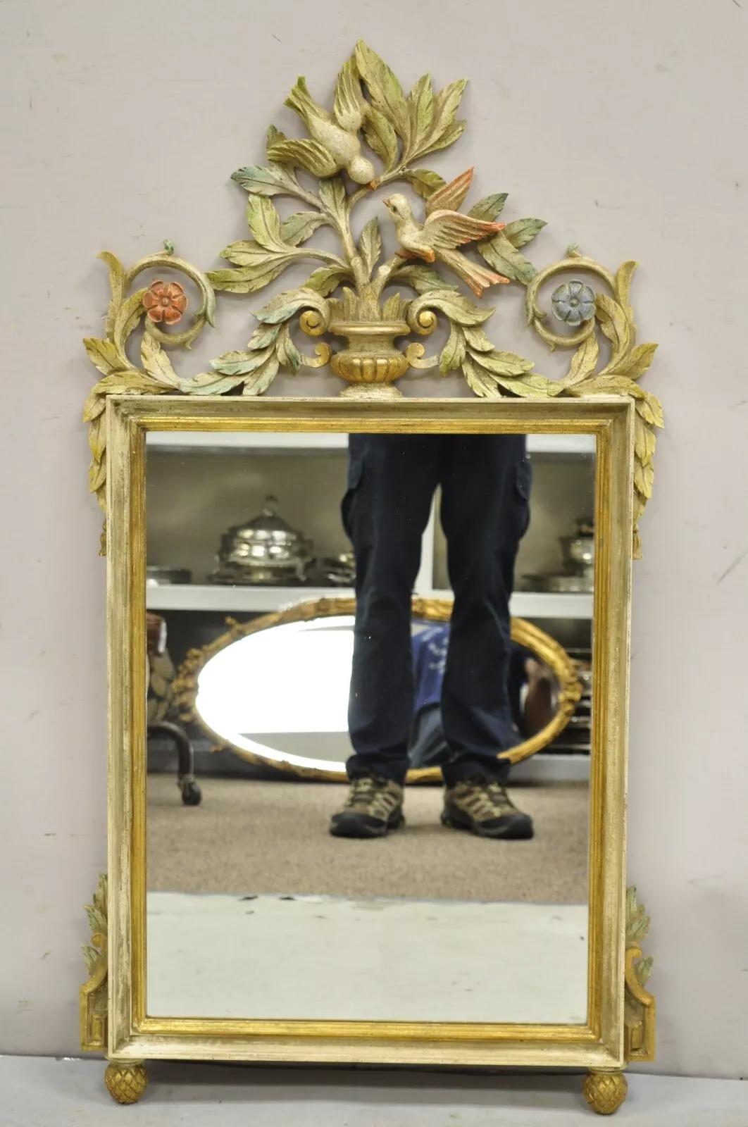 Vintage Italian Neoclassical Carved Wood Painted Birds & Flowers Wall Mirror. Item features carved birds and floral scroll works, blue, red, green painted accents, original label, quality Italian craftsmanship. Circa Early 20th Century.
