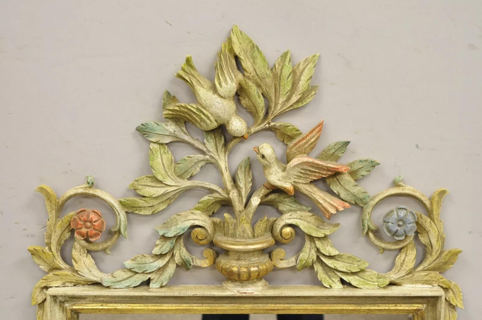 Unknown Vintage Italian Neoclassical Carved Wood Painted Birds & Flowers Wall Mirror For Sale