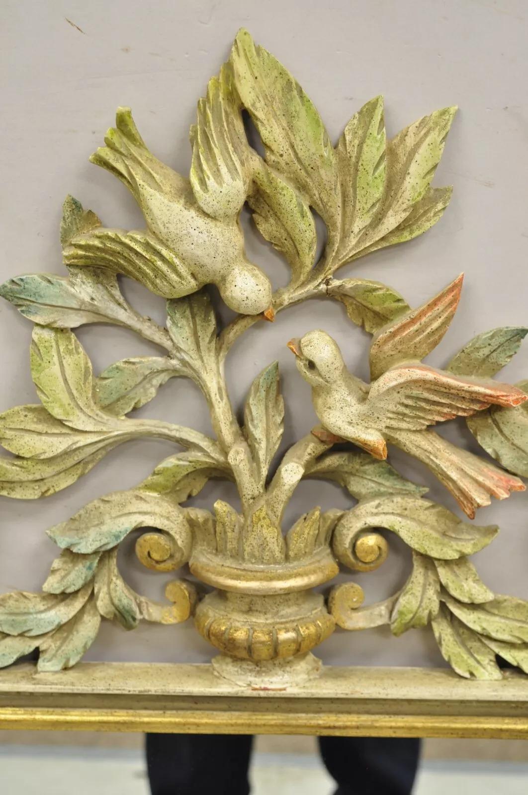 Vintage Italian Neoclassical Carved Wood Painted Birds & Flowers Wall Mirror In Good Condition For Sale In Philadelphia, PA