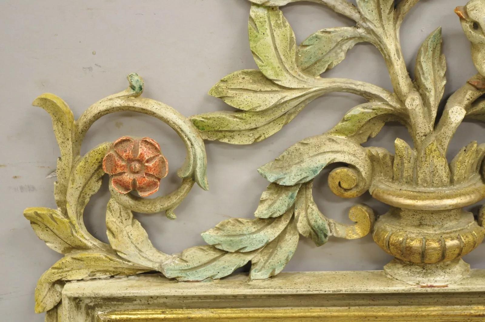 20th Century Vintage Italian Neoclassical Carved Wood Painted Birds & Flowers Wall Mirror For Sale