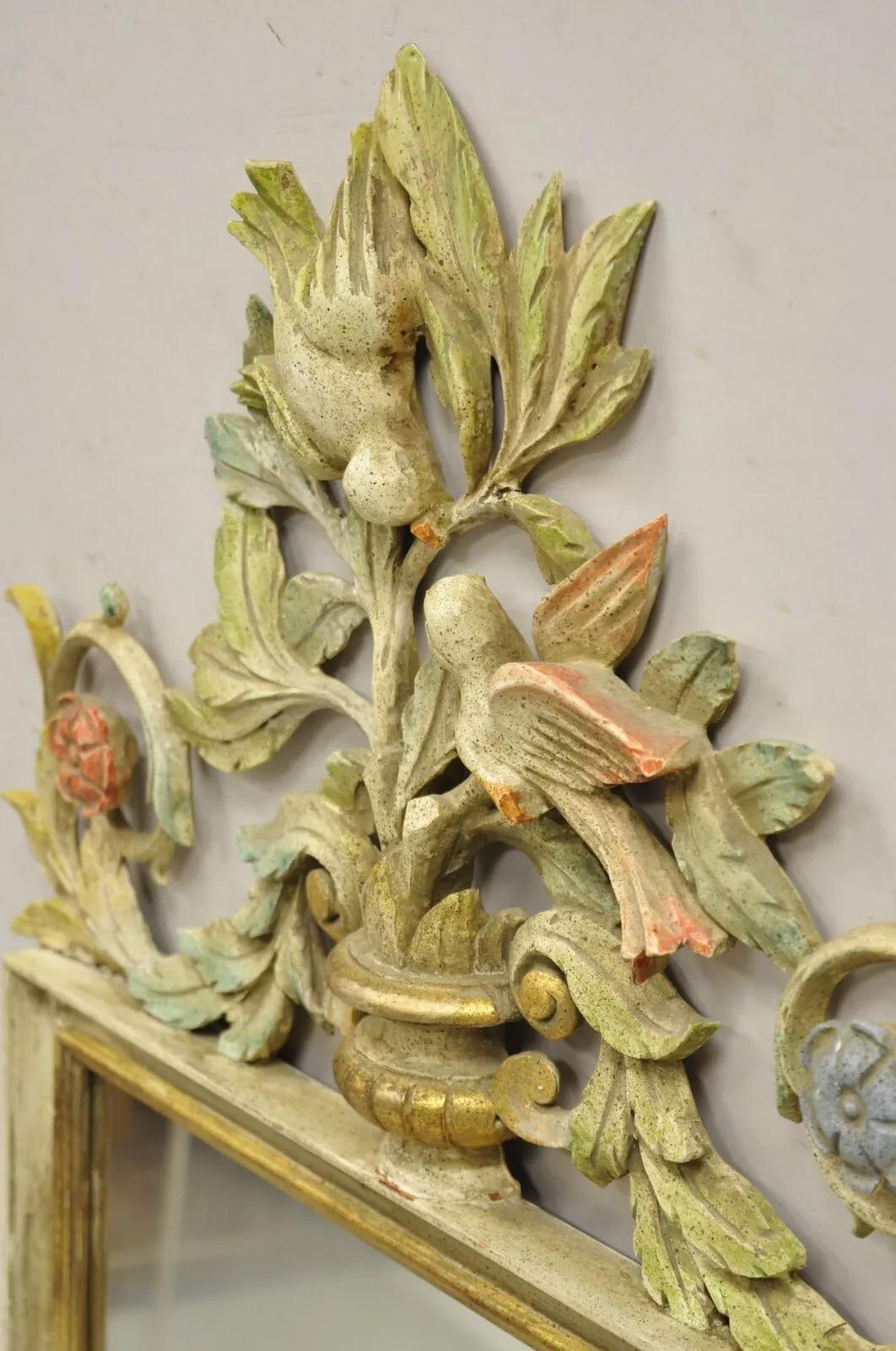Glass Vintage Italian Neoclassical Carved Wood Painted Birds & Flowers Wall Mirror For Sale