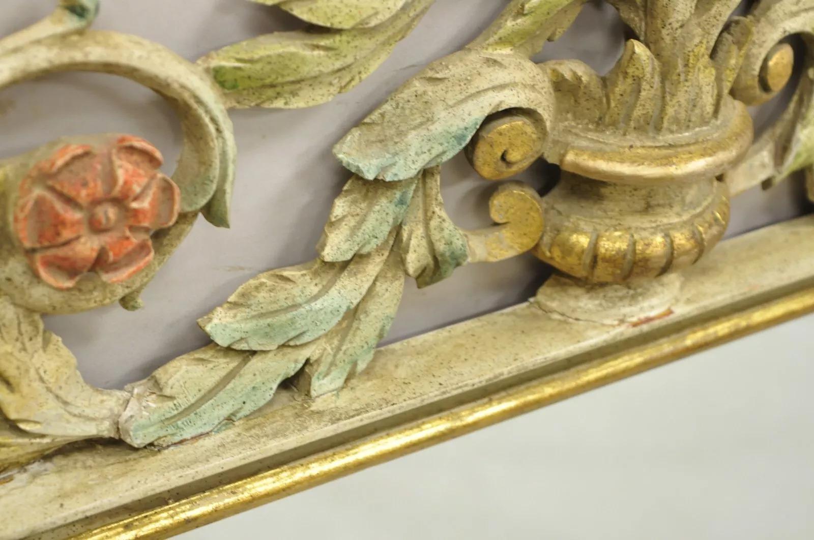 Vintage Italian Neoclassical Carved Wood Painted Birds & Flowers Wall Mirror For Sale 1