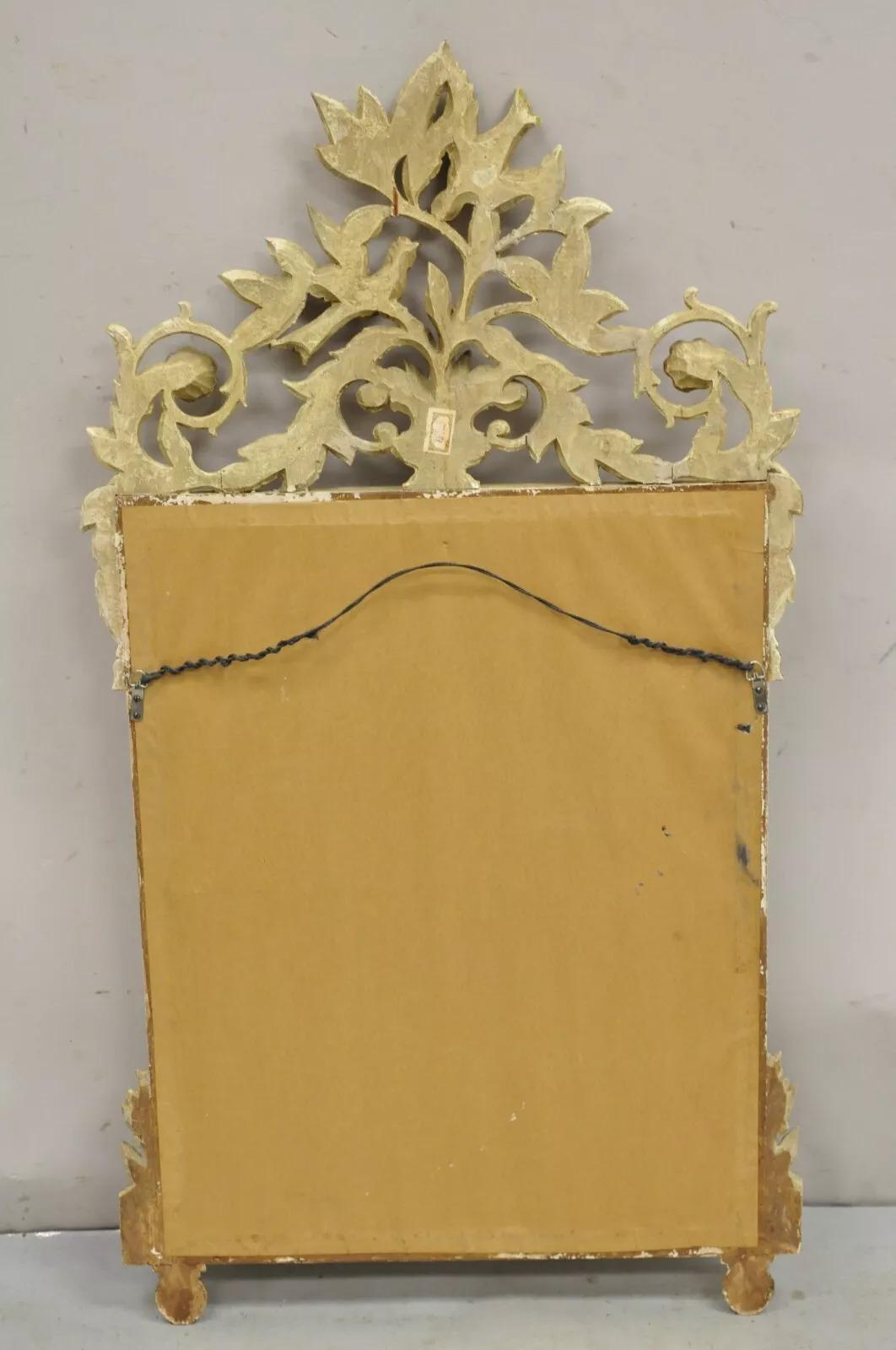 Vintage Italian Neoclassical Carved Wood Painted Birds & Flowers Wall Mirror For Sale 3