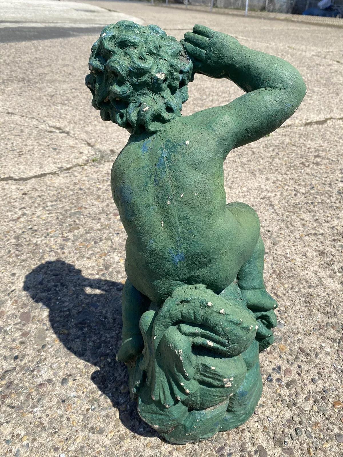 Vintage Italian Neoclassical Cement Cherub and Dolphin Garden Water Fountain 4