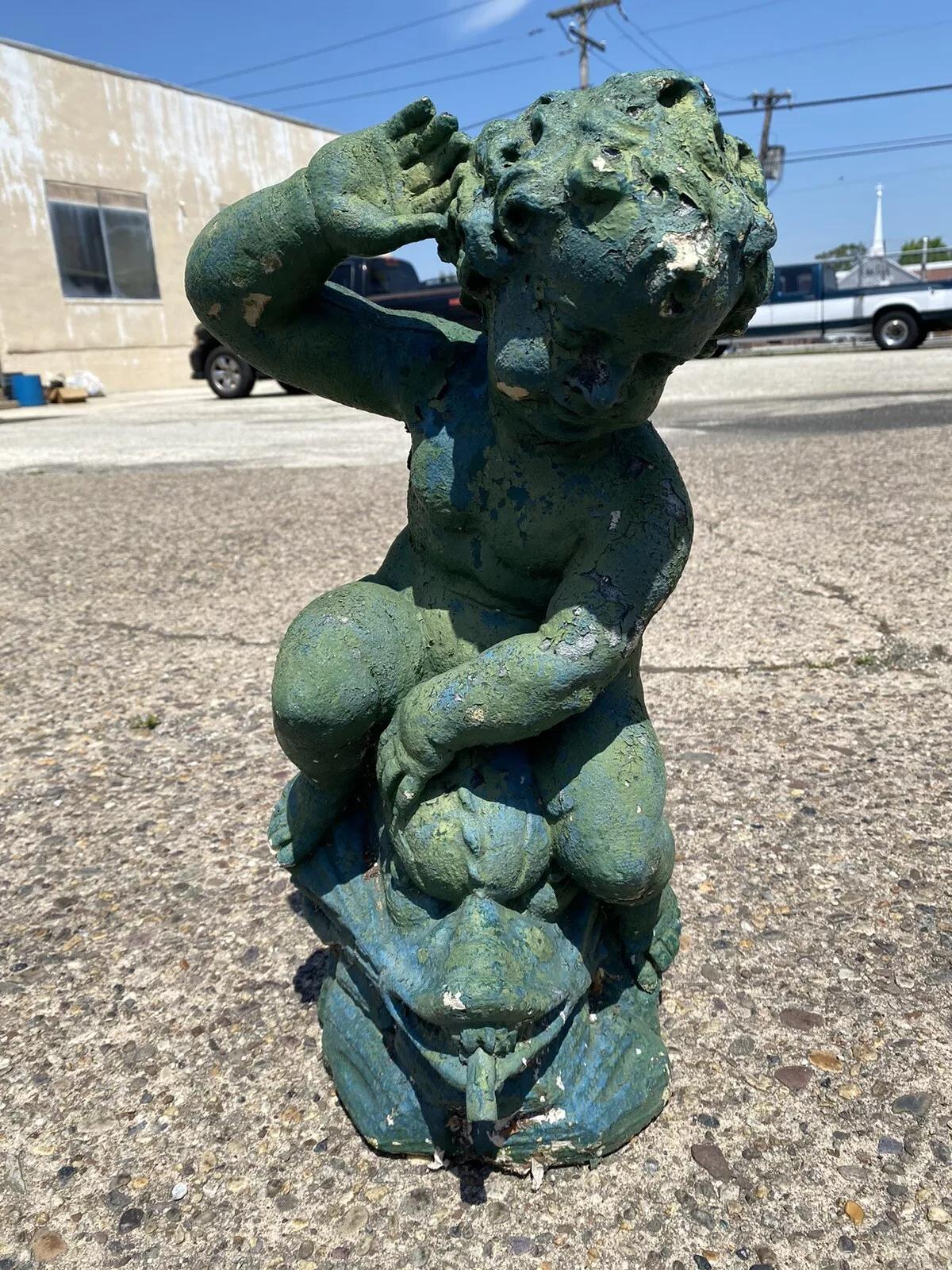 Vintage Italian Neoclassical Style Cast Cement Cherub and Dolphin Garden Water Fountain (approx 50 lbs). Circa Mid 20th Century. Measurements: 21