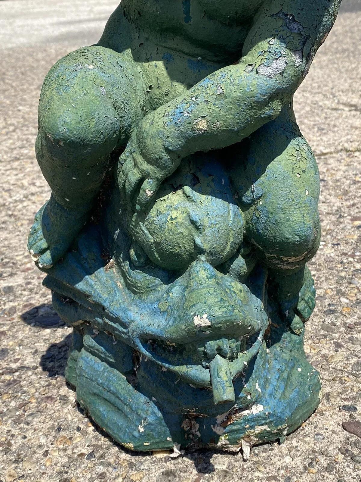 Vintage Italian Neoclassical Cement Cherub and Dolphin Garden Water Fountain In Good Condition In Philadelphia, PA