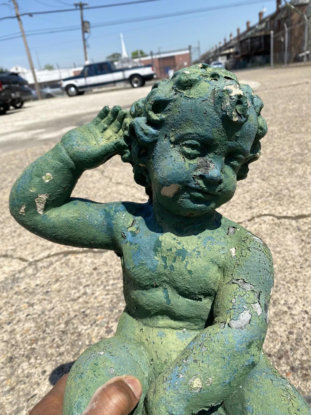 20th Century Vintage Italian Neoclassical Cement Cherub and Dolphin Garden Water Fountain