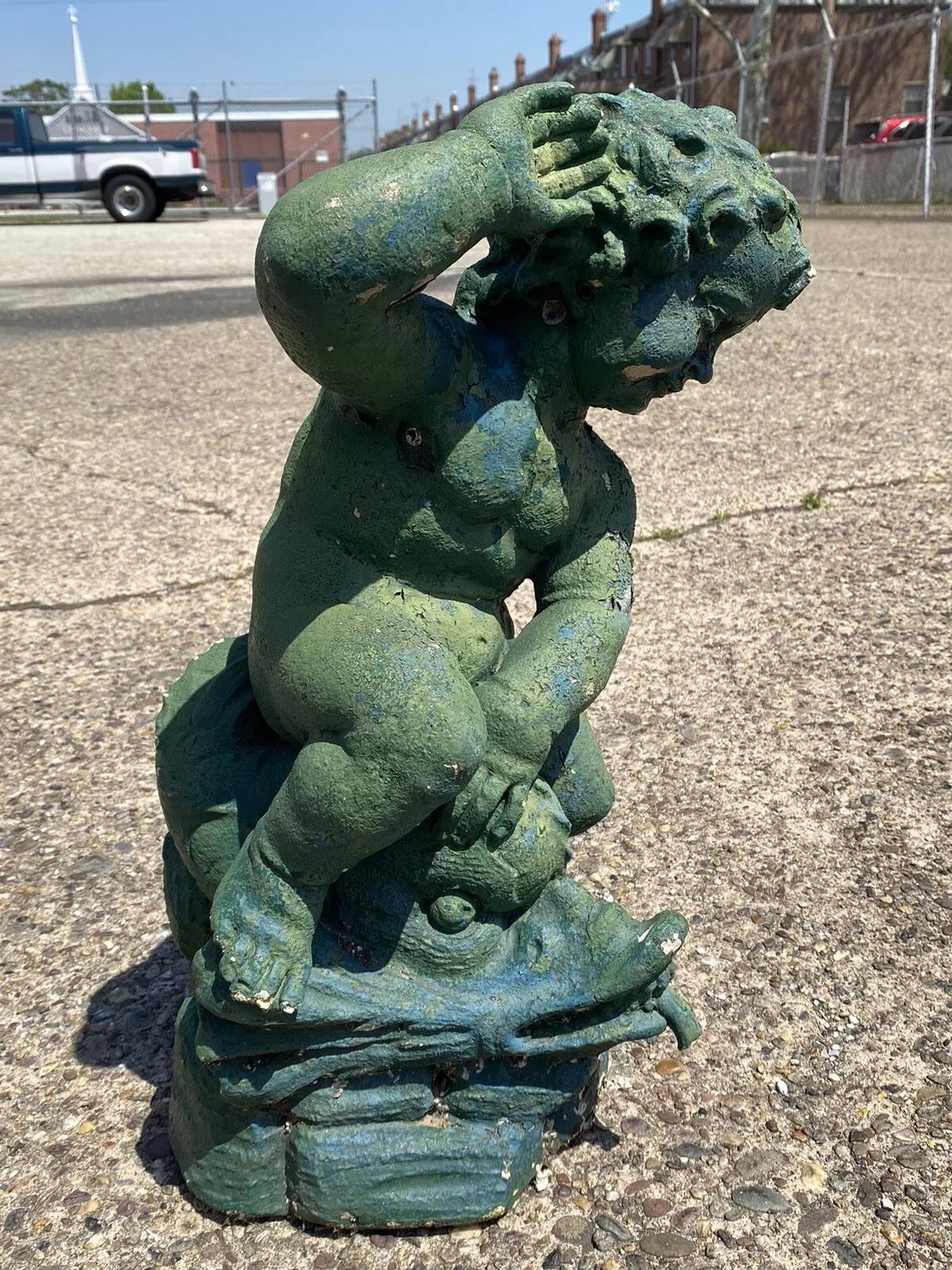 Vintage Italian Neoclassical Cement Cherub and Dolphin Garden Water Fountain 1