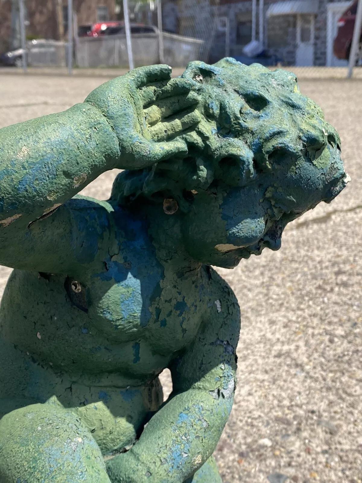 Vintage Italian Neoclassical Cement Cherub and Dolphin Garden Water Fountain 2